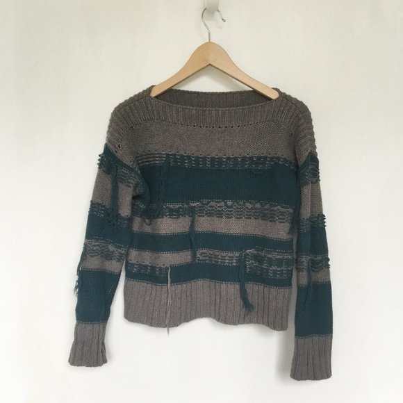 Margaret O'Leary Sweaters - Margaret O'Leary Cropped Striped Blue & Gray Fringe Distressed Boatneck Sweater